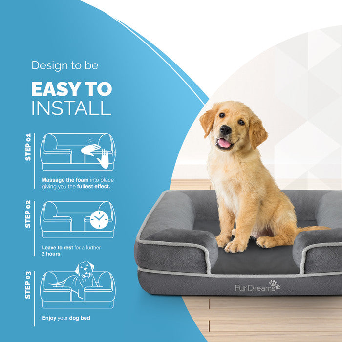 FurDreams Luxury Pet Sofa Bed – Extra Padded Orthopedic Memory Foam Mattress with Non-Slip Base, Removable Washable Flannel Cover – Plush Grey Design (70x57x17cm)