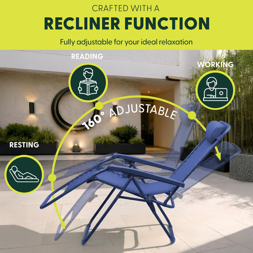 KEPLIN Set of 2 Heavy Duty Monocolour and Basic Textoline Zero Gravity Chairs for Garden Light Reclining Patio Sun loungers Easy to Clean Adjustable Head Rest Foldable with Cup & Phone Holder