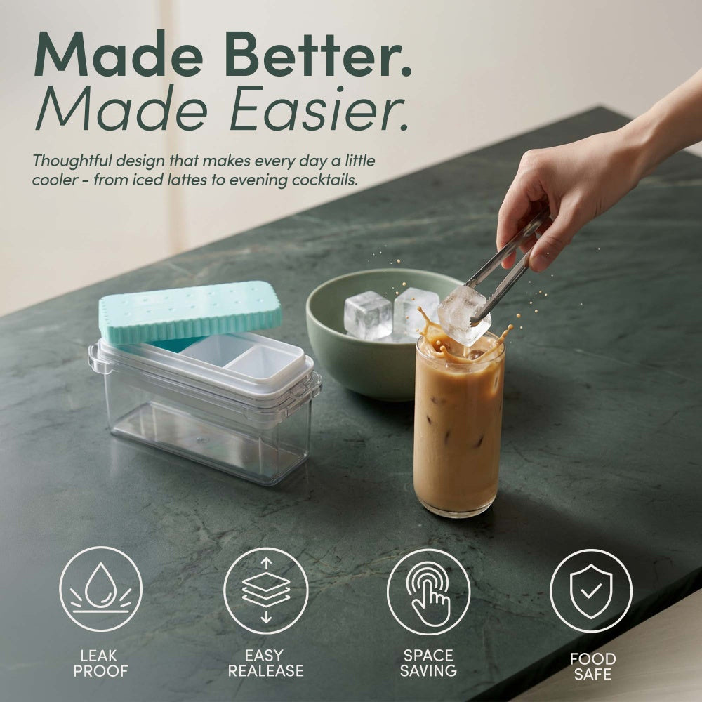Ice tray with push-down lid and tongs beside an iced latte with leak proof and easy release icons