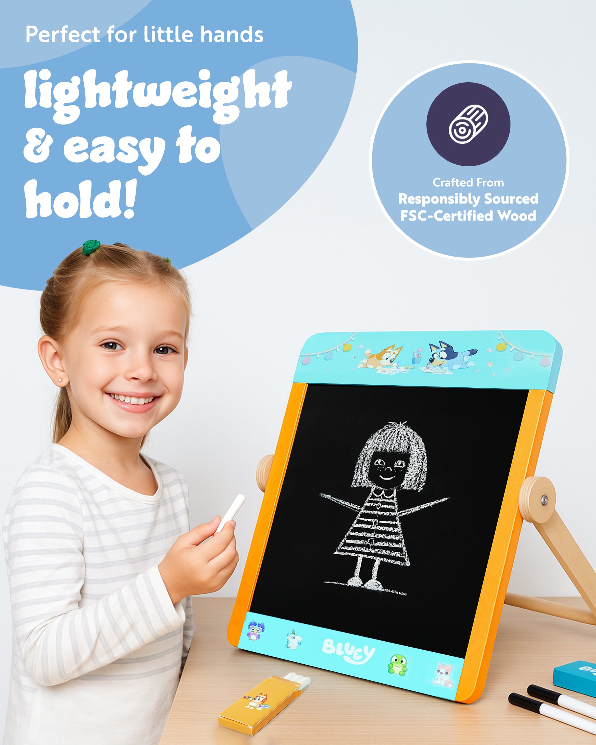 Bluey Tabletop Easel for Kids – 2 in 1 Double-Sided Chalkboard and Whiteboard with Pen, Chalk & Eraser – Portable Drawing Board for Children