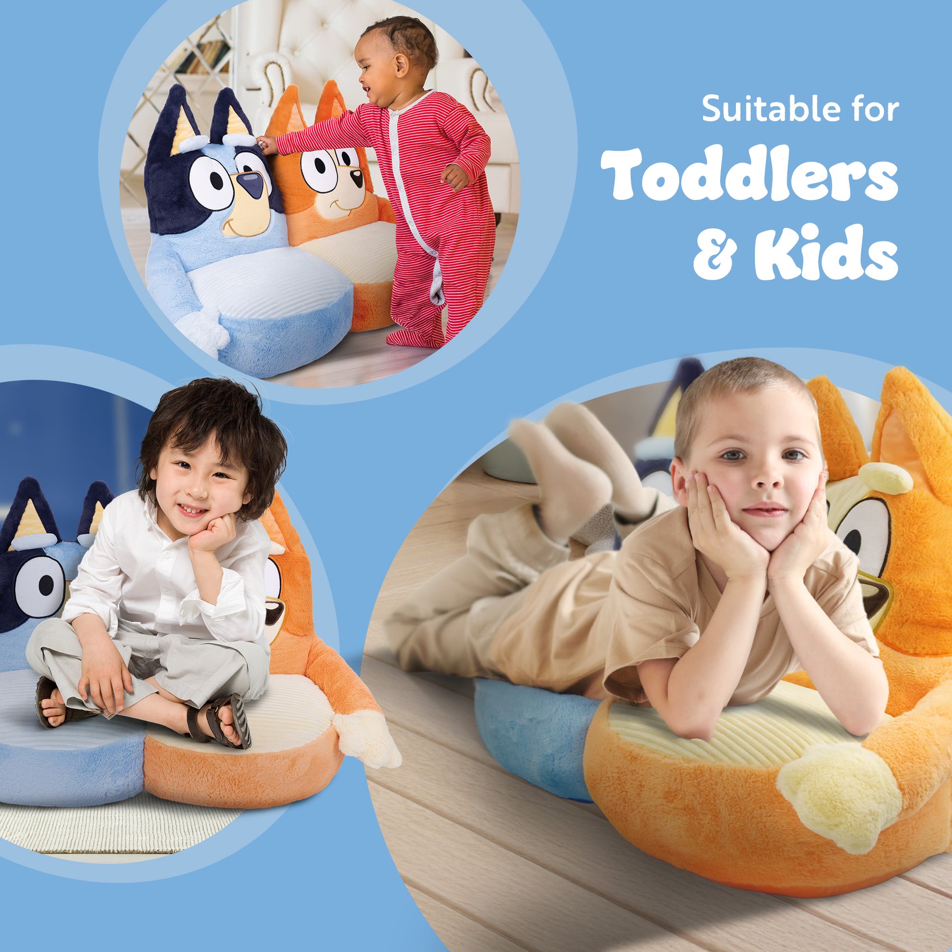 Official Bluey kids plush sofa chair – safe stable design for toddlers during reading, gaming and quiet time