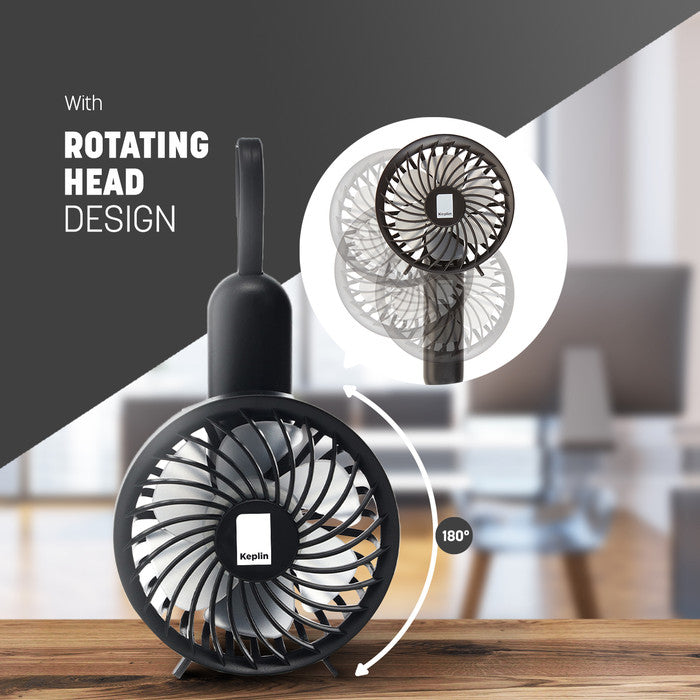 Keplin black rechargeable handheld fan with 180-degree rotating head design, shown as desk fan and handheld fan