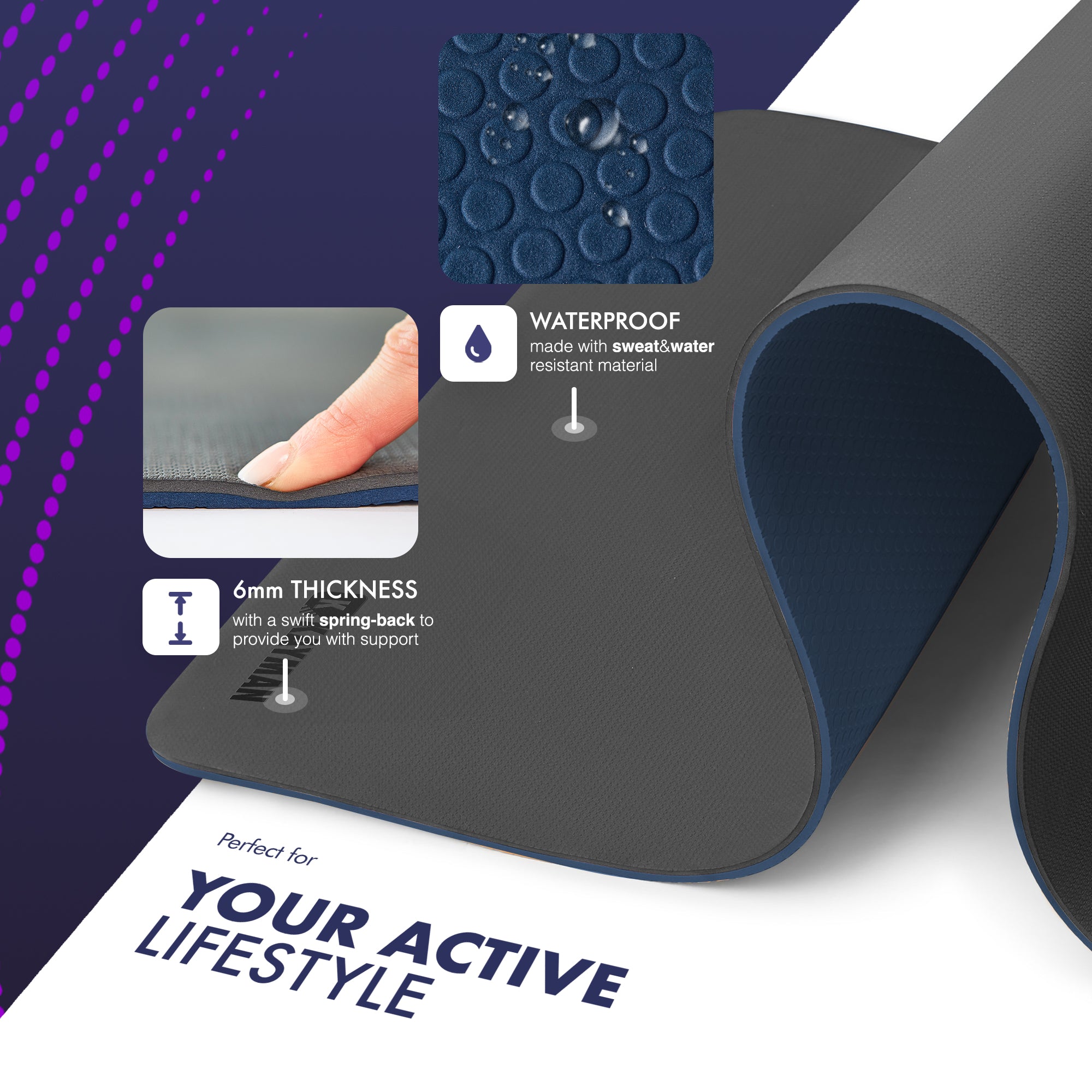 KAYMAN Yoga & Exercise Mat with Carry Strap, Large Non-Slip Comfortable Training & Workout Floor Mat for Home or Outdoor, Gym, Pilates, Gymnastics, HiiT, Stretching & Meditation