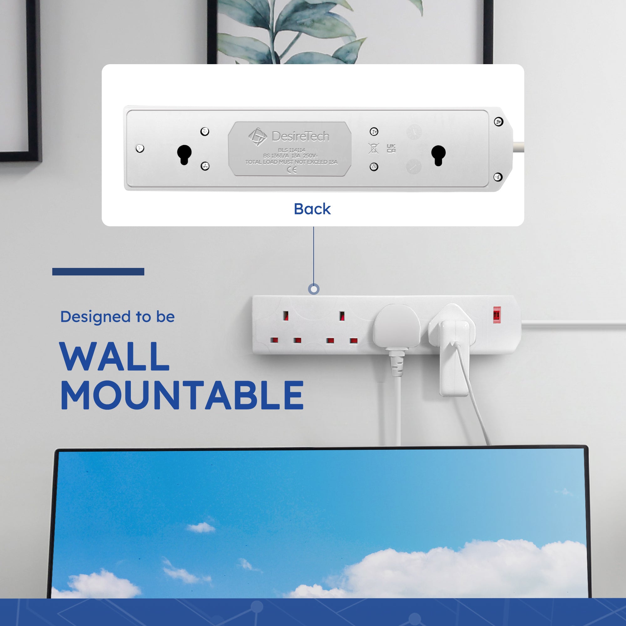 Desiretech Electric Extension Lead - 4 Gang, UK Plug & 3 Pin Socket - Wall Mountable & Multi Socket Mains Strip for Home, Bedroom, Kitchen, & Office (1 Pack)