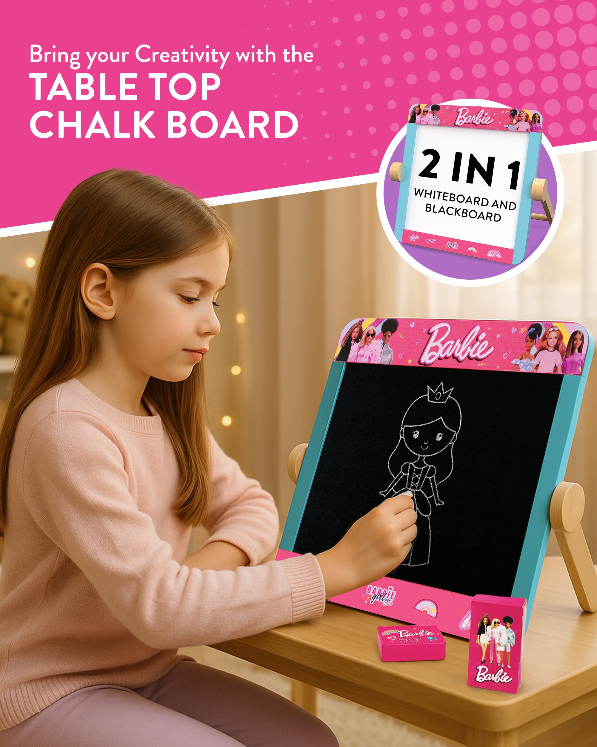 Barbie Tabletop Easel – Double Sided Blackboard & Whiteboard with Pen, Eraser & Chalk – Kids Drawing Art Board – Wooden Easel for Creative Play