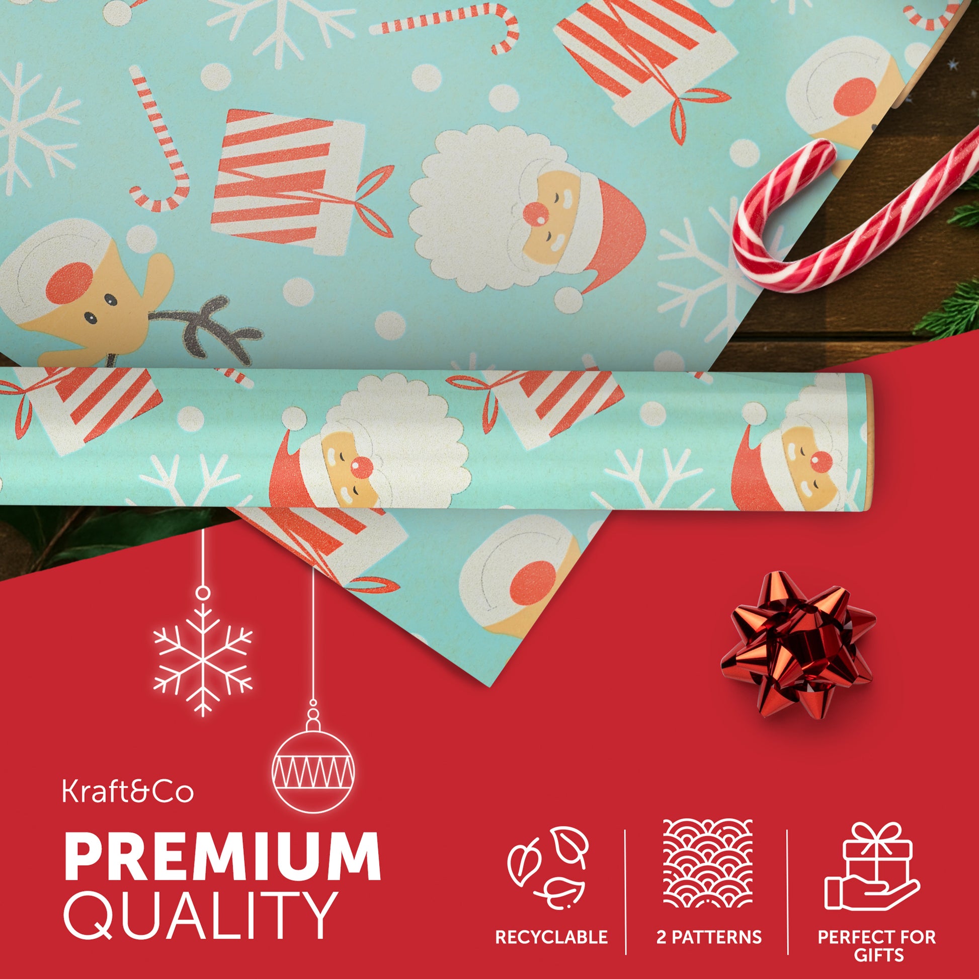 Kraft & Co 2 Pack Christmas Wrapping Paper Roll - Festive Designed Recyclable Kraft Paper, Perfect for Holiday Gifts, Arts & Crafts-Wrapping for a Merry Christmas (44.5cm x 25m) – image 4