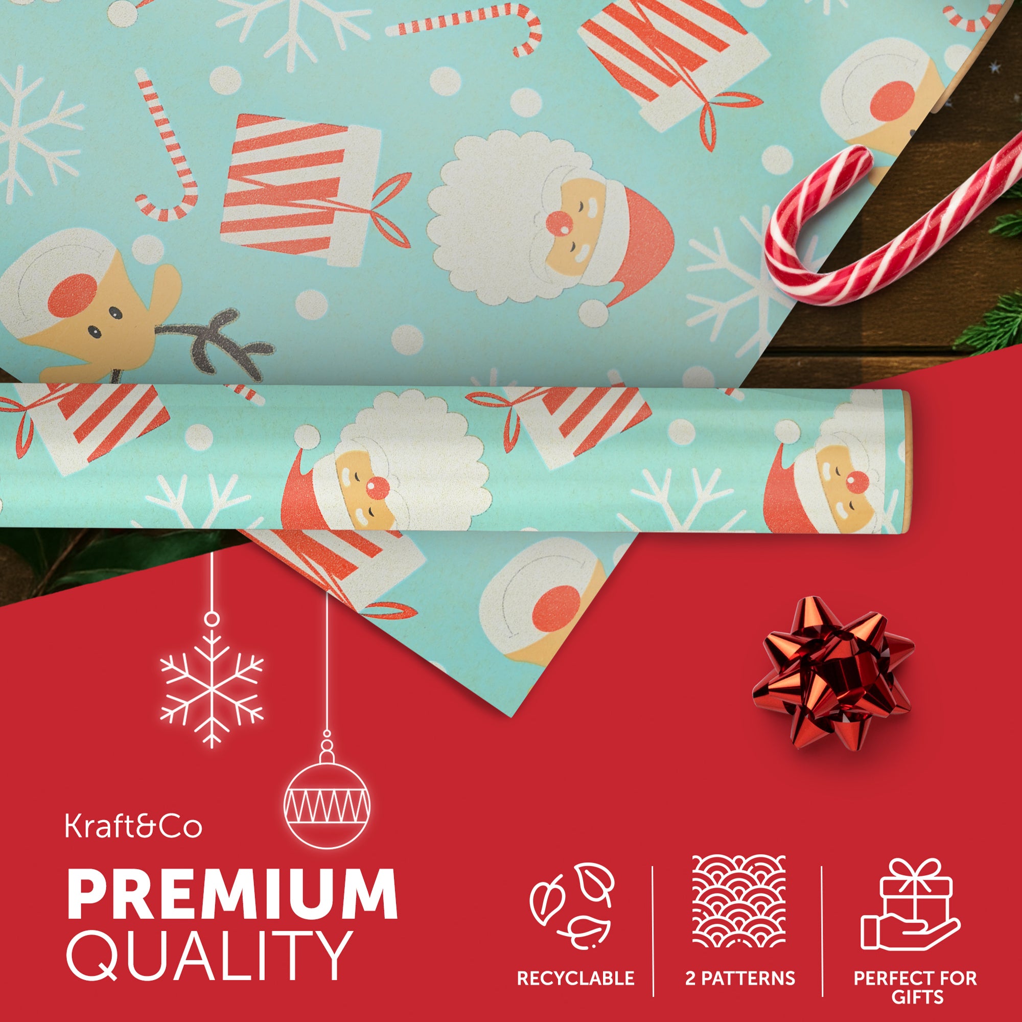 Kraft & Co 2 Pack Christmas Wrapping Paper Roll - Festive Designed Recyclable Kraft Paper, Perfect for Holiday Gifts, Arts & Crafts-Wrapping for a Merry Christmas (44.5cm x 25m)