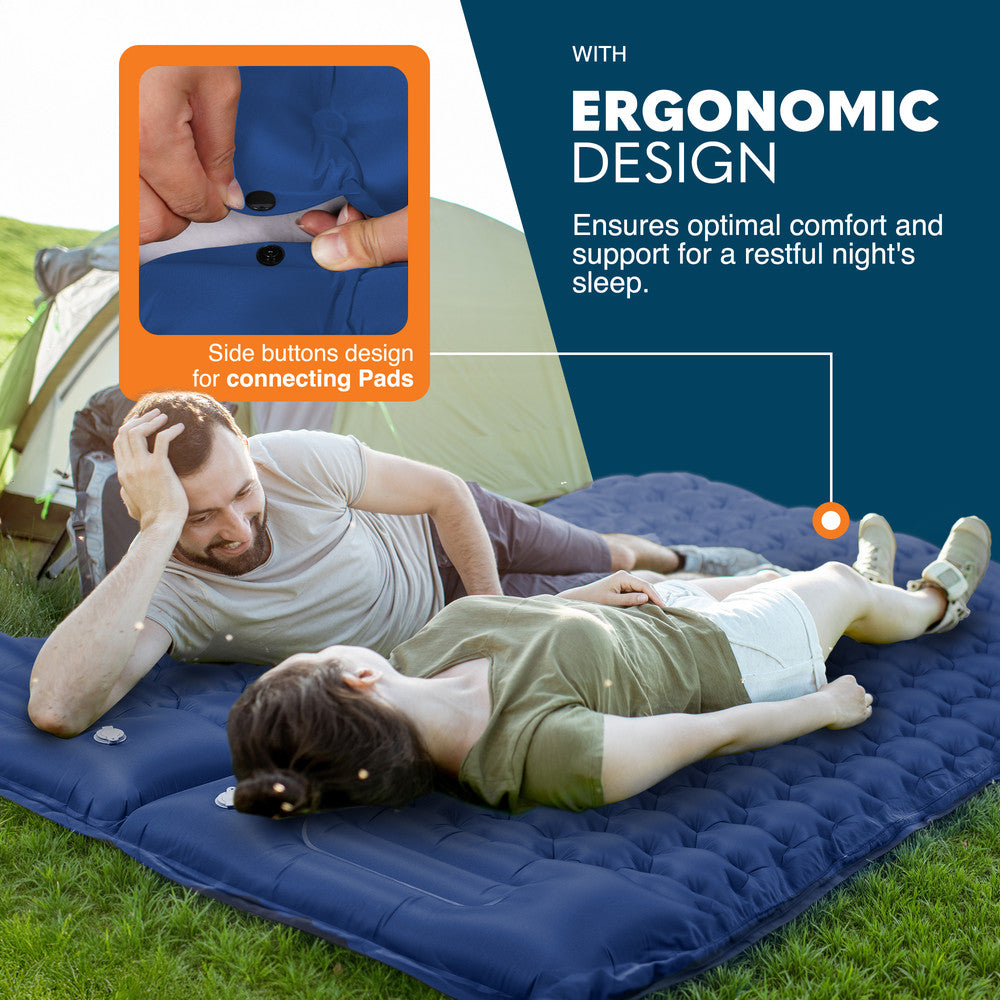 Person on blue inflatable single sleeping mat at campsite – comfortable camping sleeping pad UK
