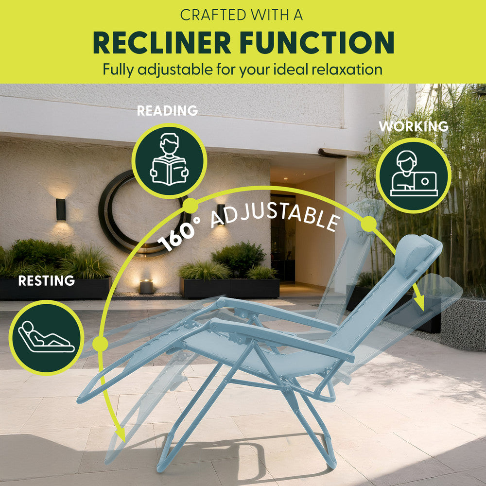 KEPLIN Set of 2 Heavy Duty Monocolour and Basic Textoline Zero Gravity Chairs for Garden Light Reclining Patio Sun loungers Easy to Clean Adjustable Head Rest Foldable with Cup & Phone Holder