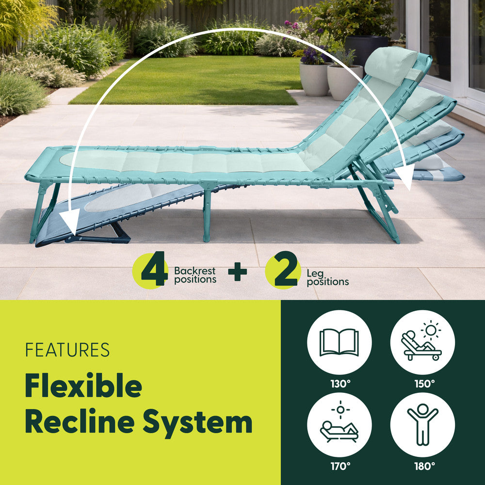 KEPLIN Foldable Sun Lounger Chair - Outdoor Garden Recliner with Color Block Design, 4 Position Adjustable Backrest, Padded 600D Oxford Fabric, Portable Patio Camping Deck Chair 110kg