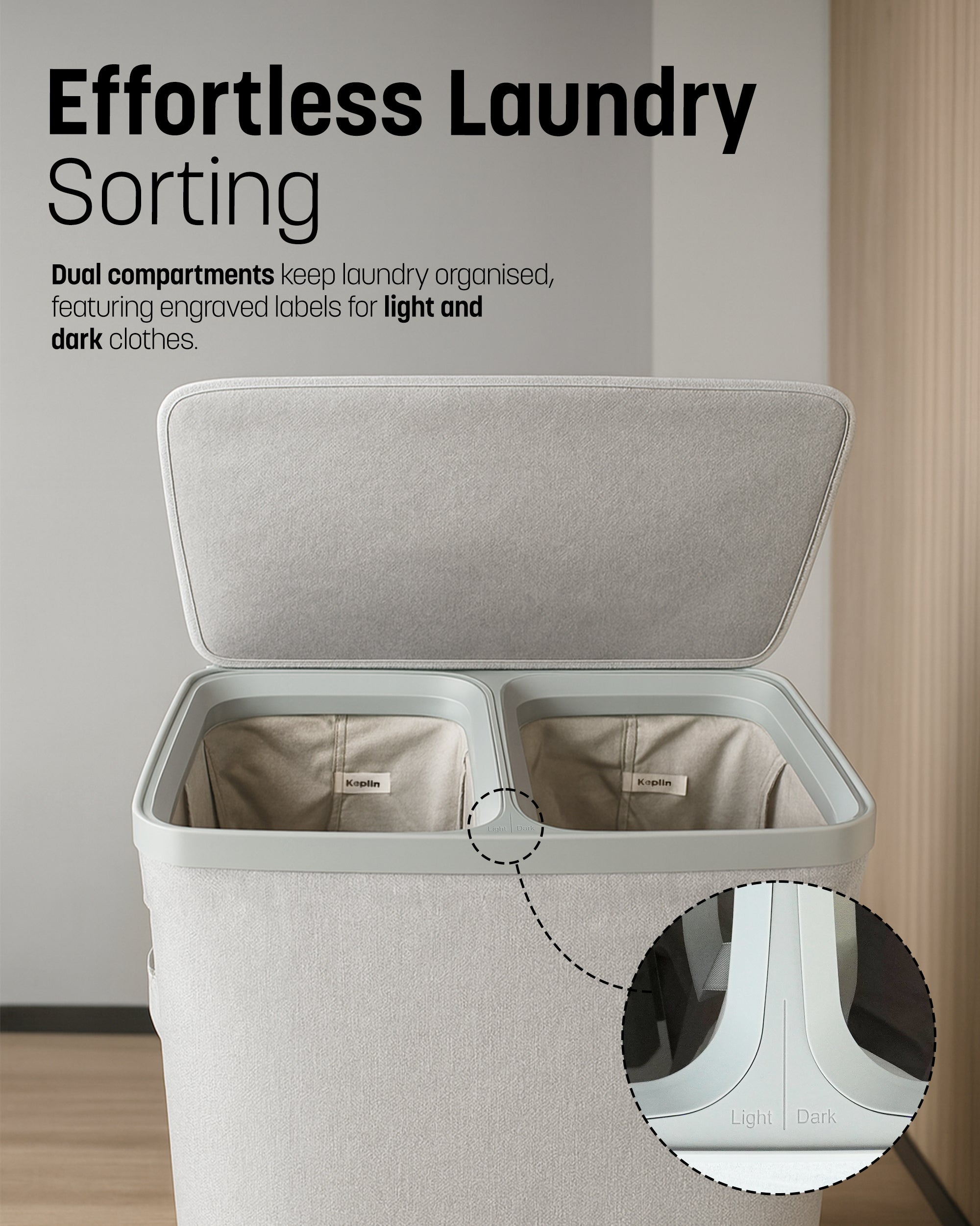 Keplin Collapsible Laundry Basket with Lid – 2 Section Clothes Sorter Hamper 150L – Large Fabric Washing Bin with Removable Liner, Handles & Bottom Strap – Foldable Grey Laundry Organizer 56x40x67cm