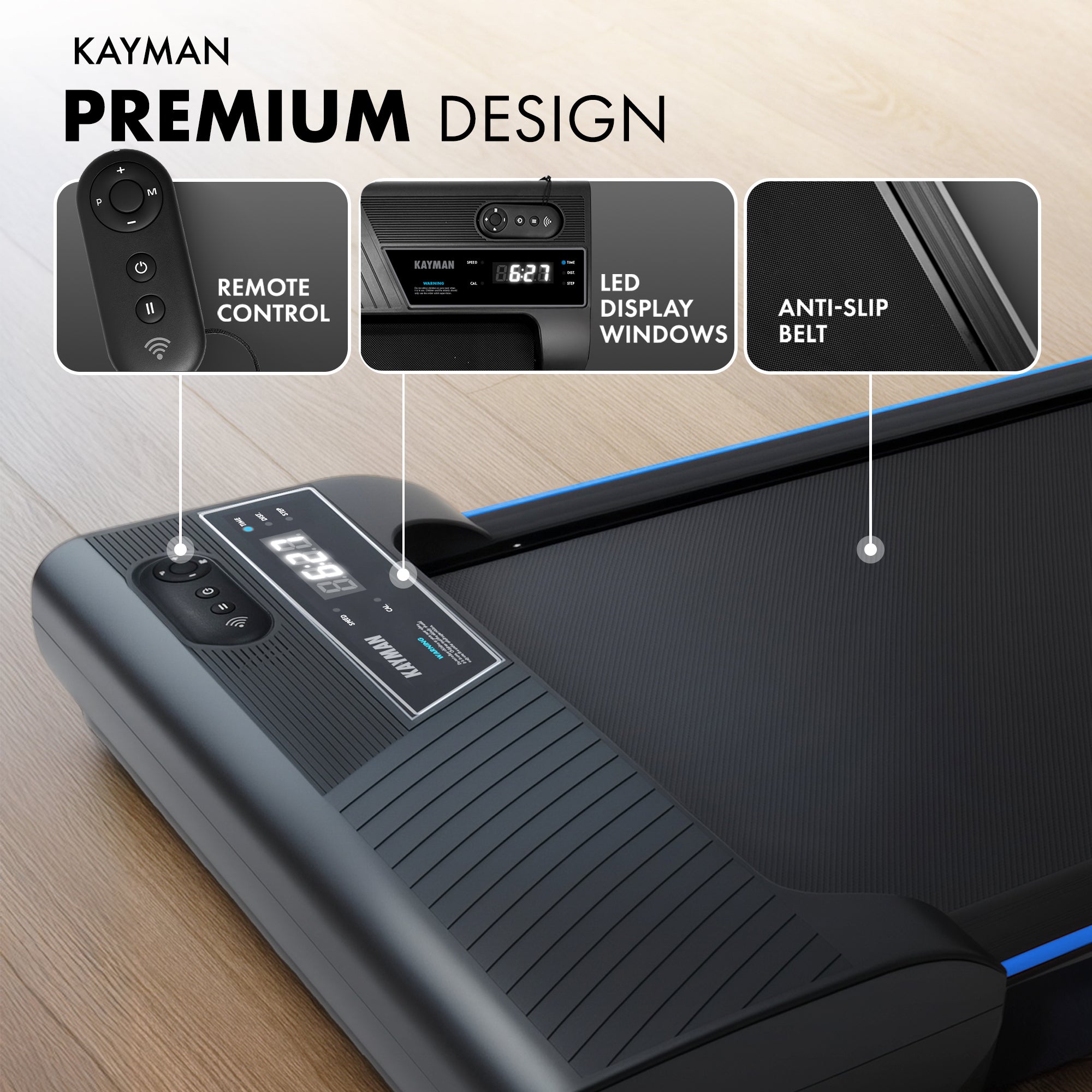 Kayman 3-in-1 Walking Pad Treadmill – Under Desk Electric Treadmill, Space-Saving, 120kg Capacity, 1–6km/h, Running, Walking & Working Modes, 2-Level Manual Incline, LED Display, Remote,900×400mm Belt