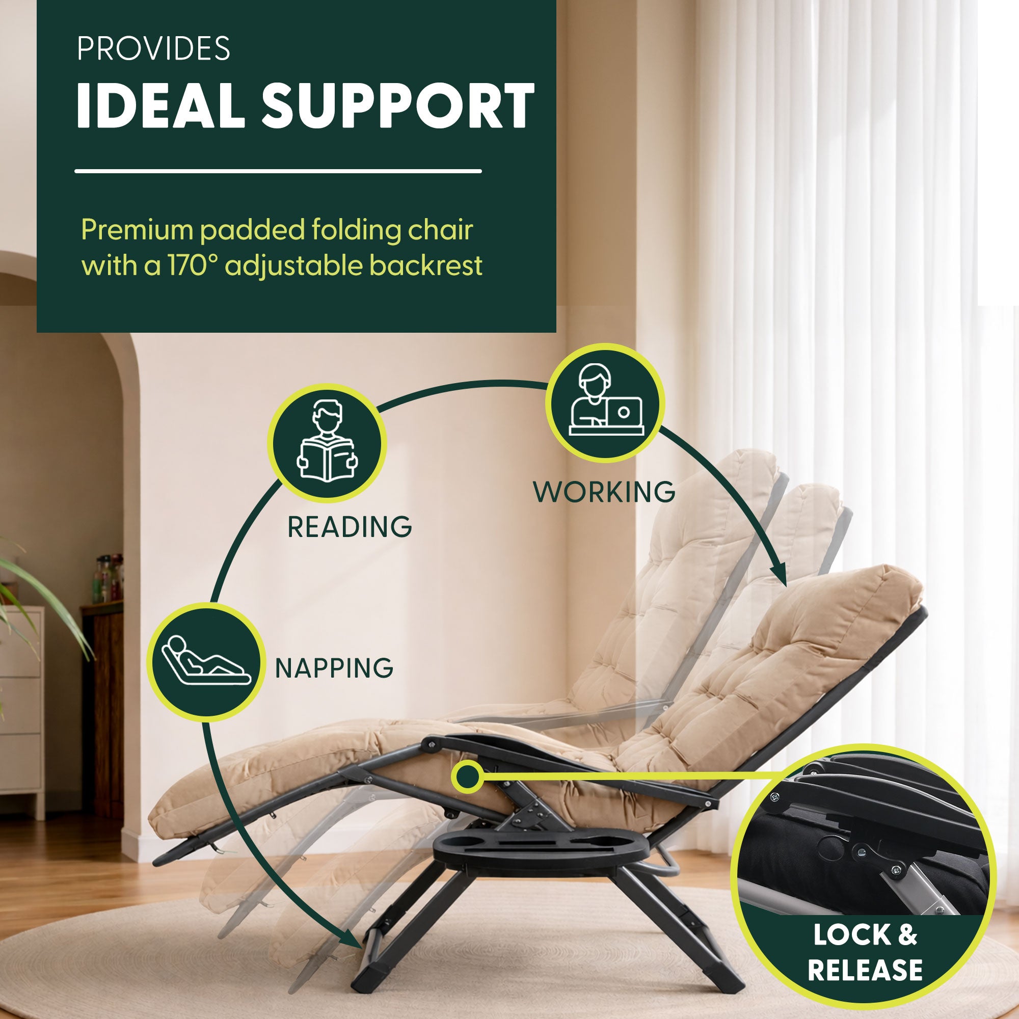 KEPLIN Square Tube Gravity Chair with Cushion – Extra-Wide 72cm Recliner, Adjustable Zero Gravity Lounger, Reinforced Frame, Supports 150kg, Premium Comfort for Indoor & Outdoor Relaxation