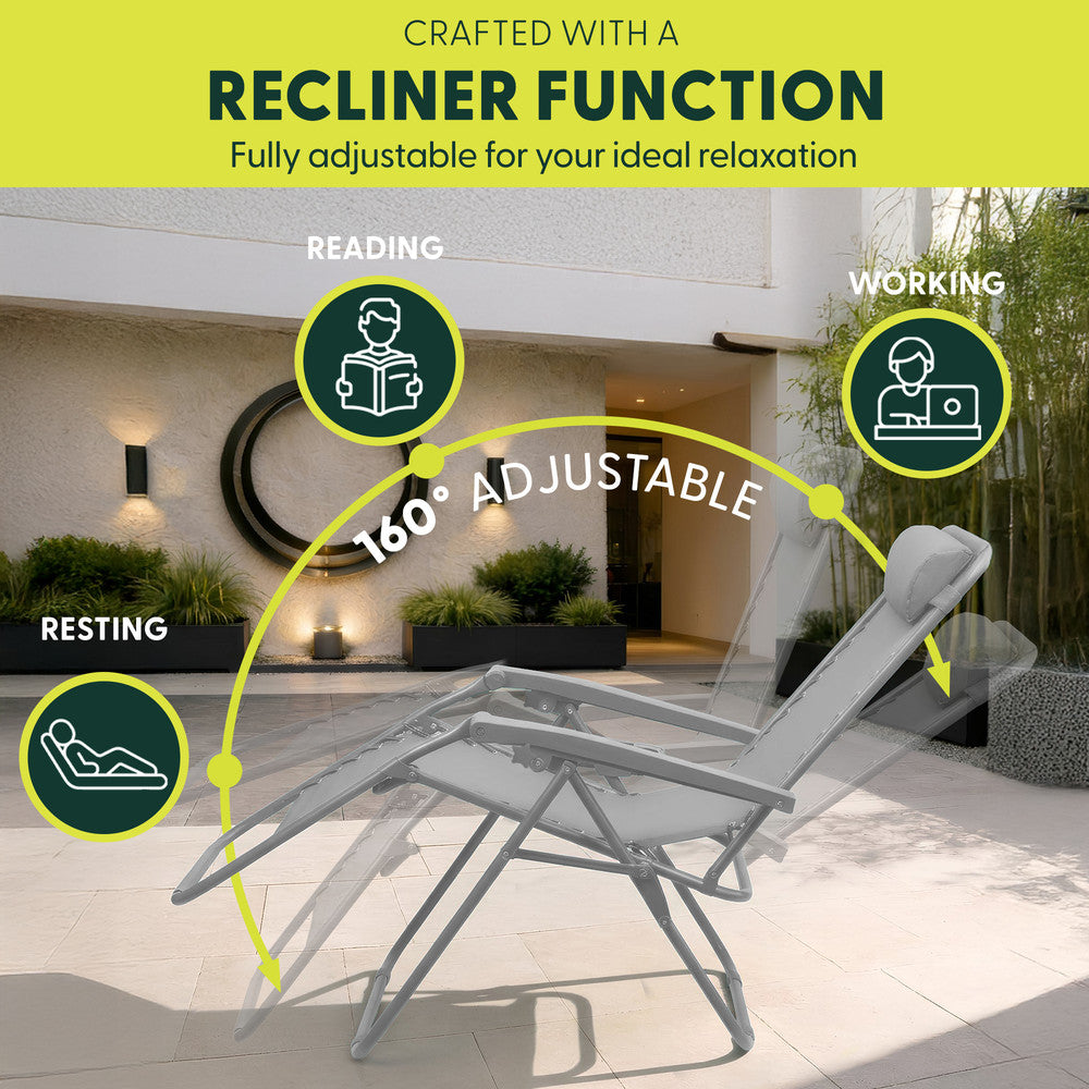 KEPLIN Set of 2 Heavy Duty Monocolour and Basic Textoline Zero Gravity Chairs for Garden Light Reclining Patio Sun loungers Easy to Clean Adjustable Head Rest Foldable with Cup & Phone Holder