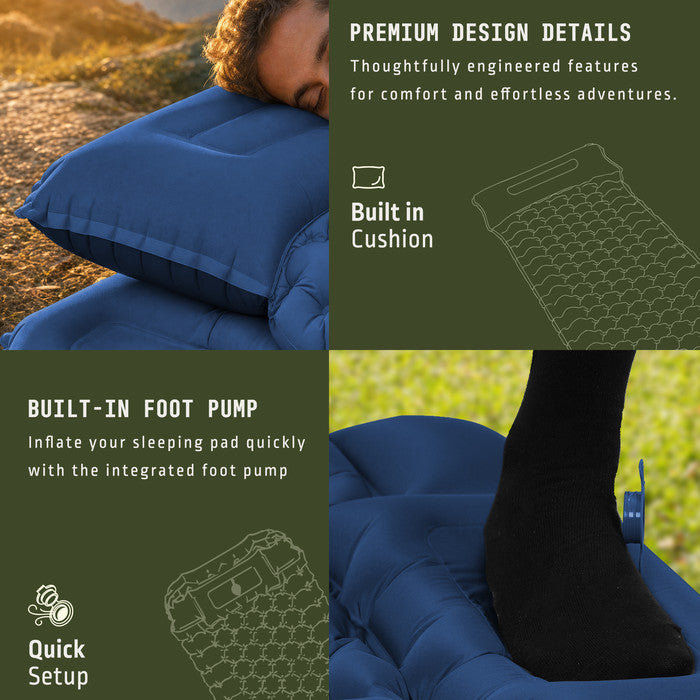 Voyager blue camping mat built-in pillow and integrated foot pump close-up