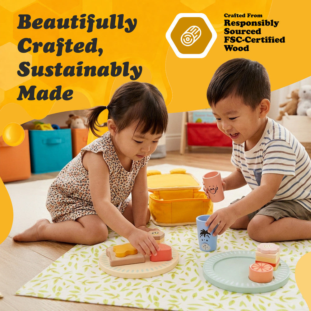 Children's wooden picnic play set — close-up of food pieces and accessories