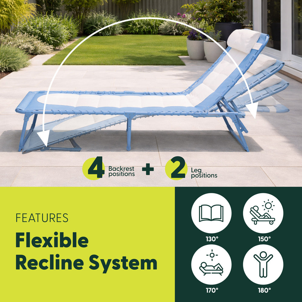Blue Folding Sun Lounger Reclined – 4 Locking Reclining Positions Padded Garden Recliner