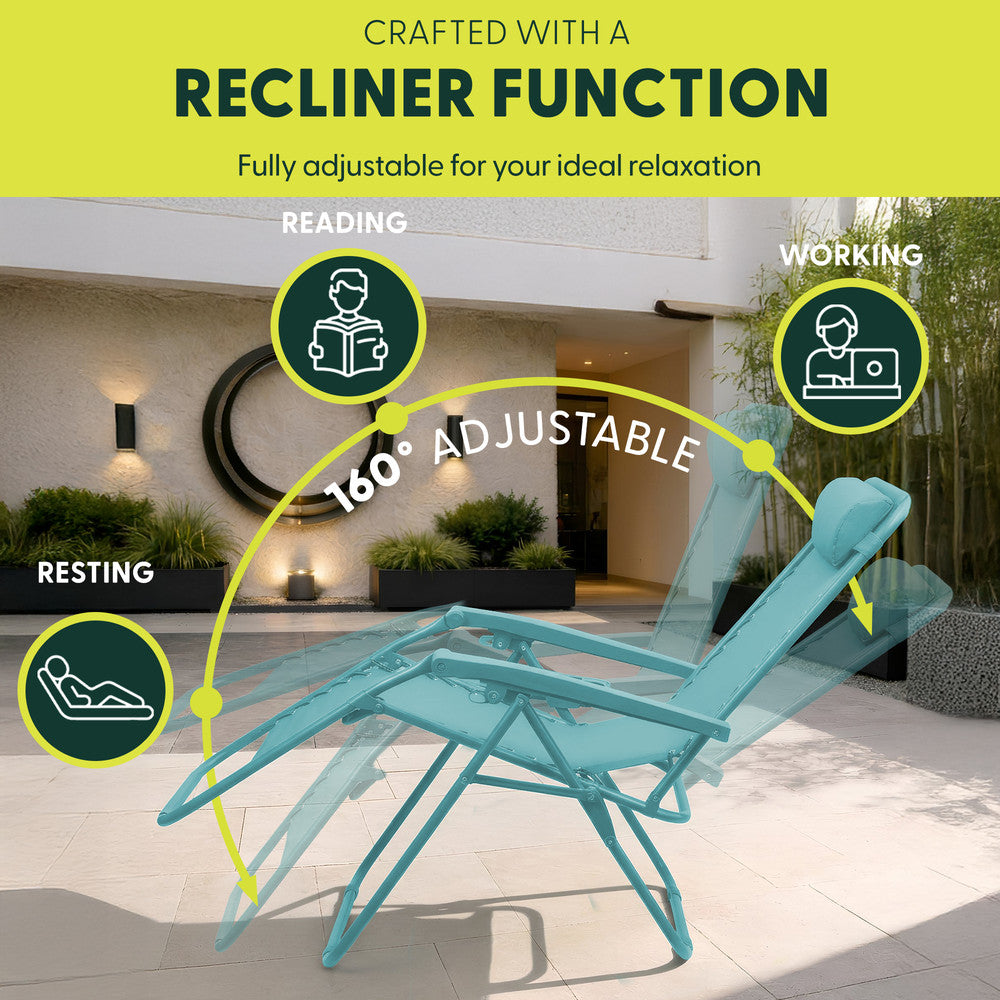 KEPLIN Set of 2 Heavy Duty Monocolour and Basic Textoline Zero Gravity Chairs for Garden Light Reclining Patio Sun loungers Easy to Clean Adjustable Head Rest Foldable with Cup & Phone Holder