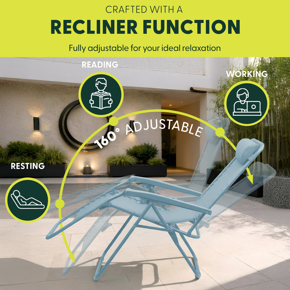 KEPLIN Set of 2 Heavy Duty Monocolour and Basic Textoline Zero Gravity Chairs for Garden Light Reclining Patio Sun loungers Easy to Clean Adjustable Head Rest Foldable with Cup & Phone Holder