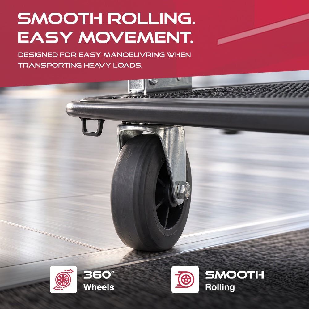 Close-up of a 360 degree wheel on the Haltons platform trolley rolling across a smooth floor