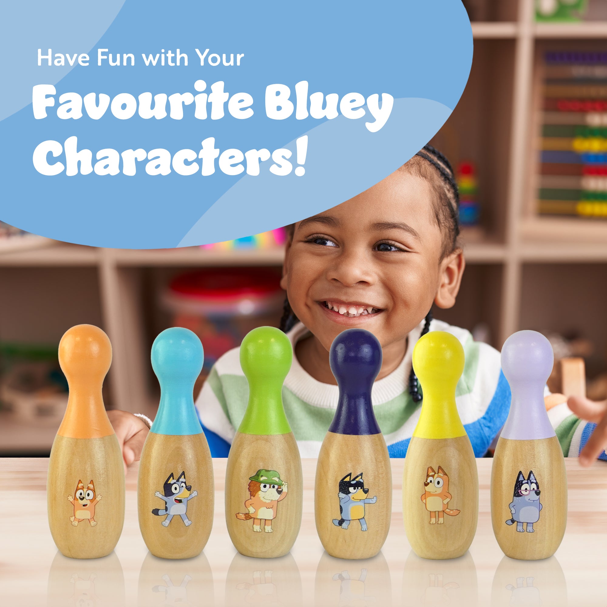 Bluey Wooden Classic Skittles, 7-Piece Colorful Set –FSC Certified Sustainable Wood –Indoor &Outdoor Bowling Game for Kids–Enhances Hand-Eye Coordination–Includes 6 Character Pins & 1 Ball