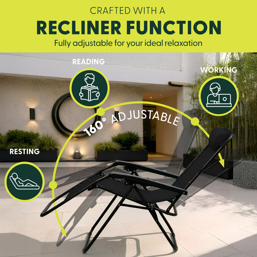 KEPLIN Set of 2 Heavy Duty Monocolour and Basic Textoline Zero Gravity Chairs for Garden Light Reclining Patio Sun loungers Easy to Clean Adjustable Head Rest Foldable with Cup & Phone Holder