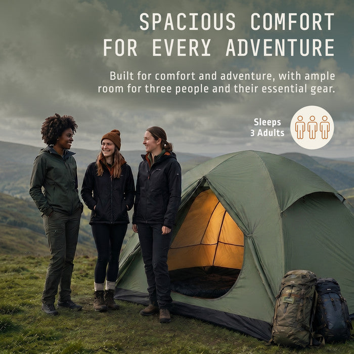 Spacious 3 person tent sleeping 3 adults, dome camping tent for hiking backpacking