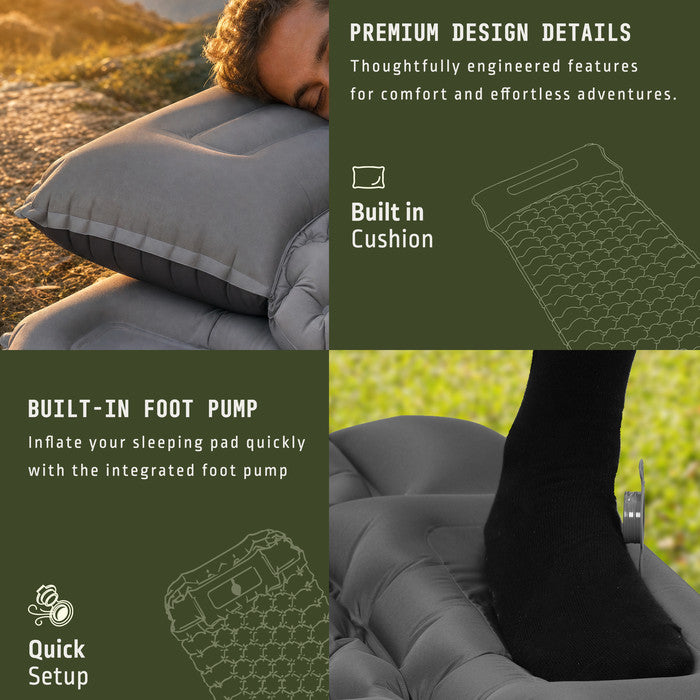 Voyager grey camping mat built-in pillow and integrated foot pump close-up