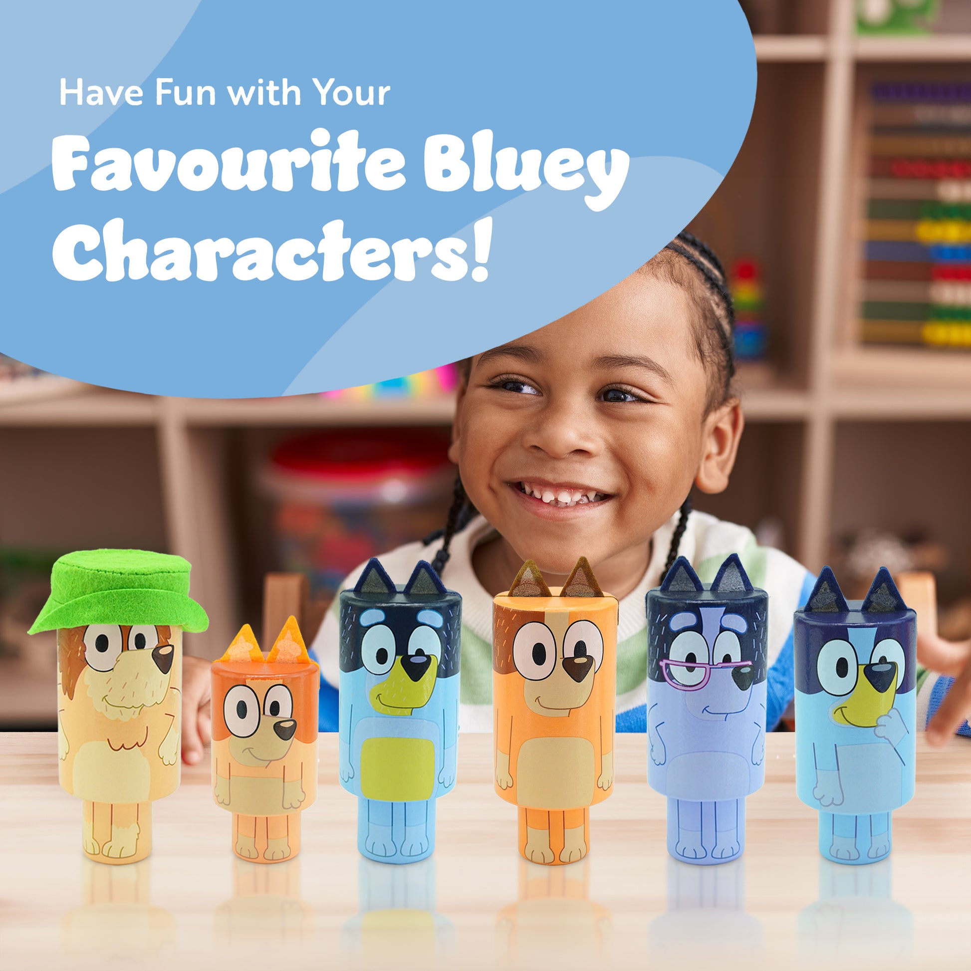 Bluey wooden skittles set in use – indoor and outdoor children's bowling game