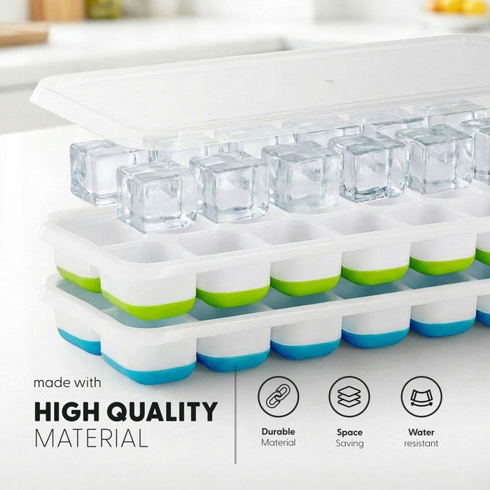 Two blue and green Keplin silicone ice cube trays stacked with spill-proof lid and clear ice cubes, durable space-saving water-resistant freezer mould