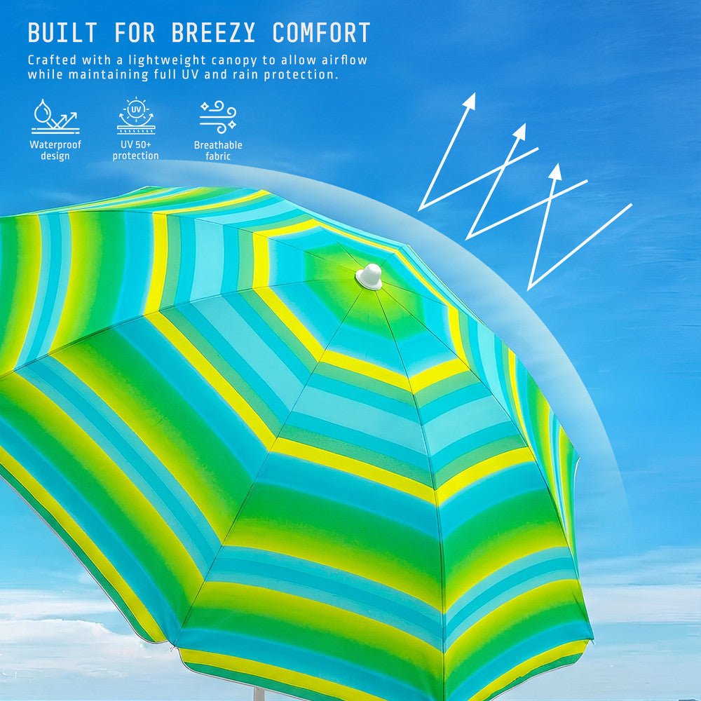 6-rib steel frame beach umbrella – sturdy tilting parasol 2m for outdoor beach and garden use, UK