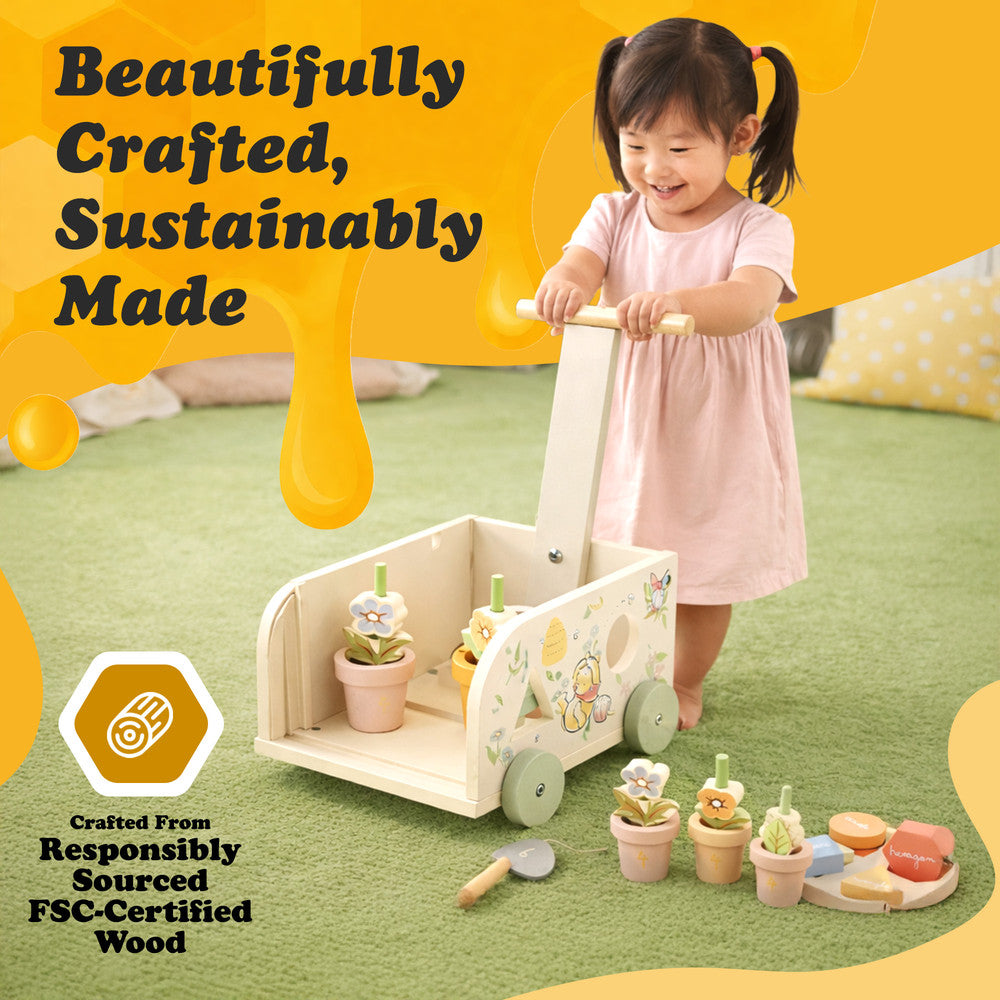 Baby wooden shape sorting pull along toy — Pooh Bear character detail