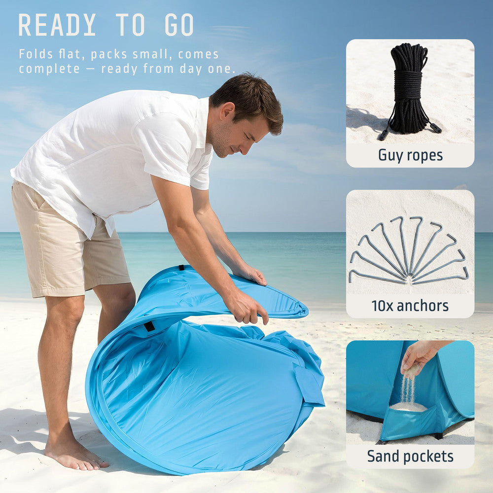 Lightweight pop-up beach tent blue with carry bag – portable shade shelter for holidays and festivals UK