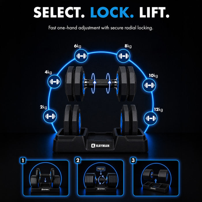 Kayman 24kg Adjustable Dumbbell Set (2x12kg Pair) — 12-in-1 Quick-Dial System with Safety Lock, 6 Weight Levels: 2/4/6/8/10/12kg per Dumbbell, Home Gym Strength Training