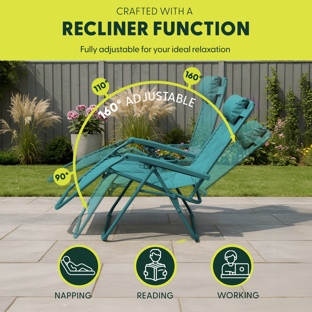 KEPLIN Set of 2 XXL Premium Heavy Duty Quilted Zero Gravity Chairs - Luxurious Garden Recliners, Adjustable Headrest, Cup & Phone Holder, Foldable, Easy to Clean Patio Sun Loungers