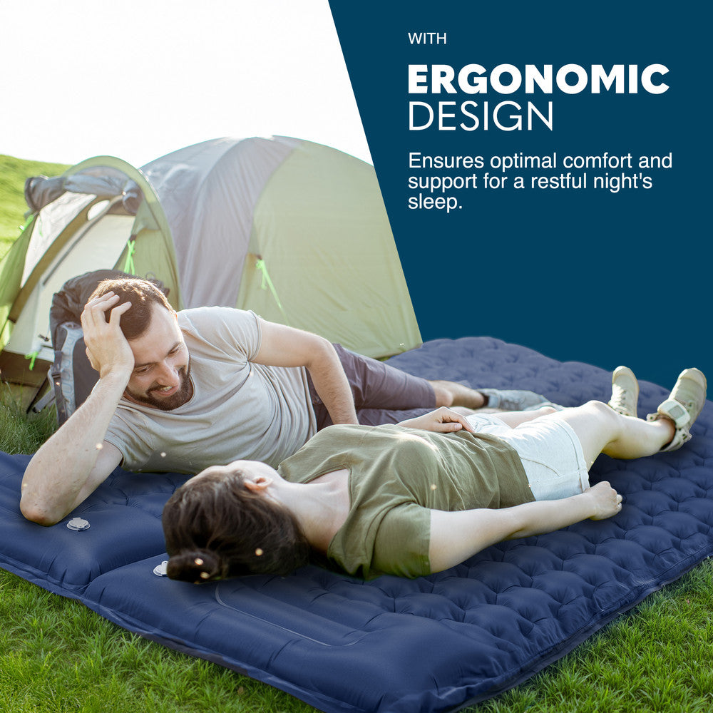 Two people on blue double inflatable sleeping mat – wide camping mat for couples camping UK