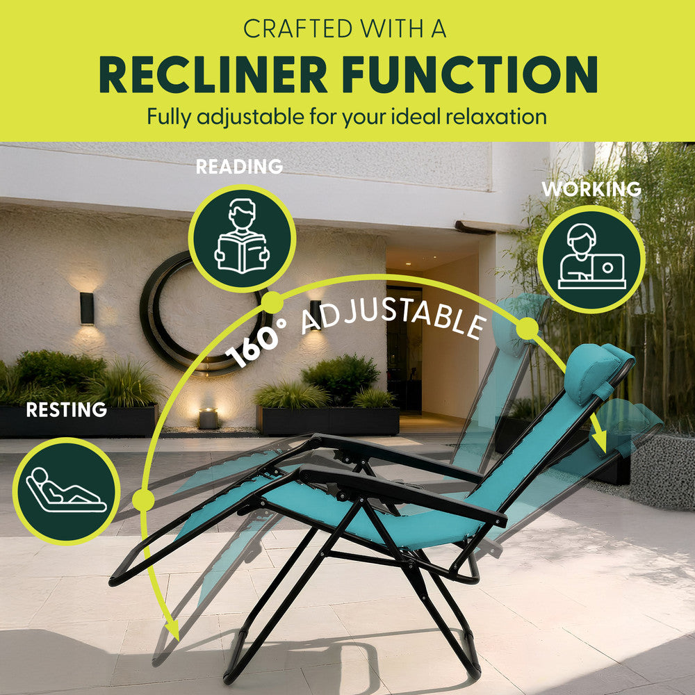 KEPLIN Set of 2 Heavy Duty Monocolour and Basic Textoline Zero Gravity Chairs for Garden Light Reclining Patio Sun loungers Easy to Clean Adjustable Head Rest Foldable with Cup & Phone Holder