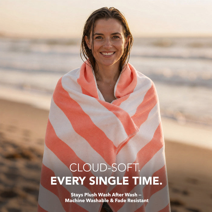 Coral beach towel rolled up small – lightweight travel towel fits in beach bag