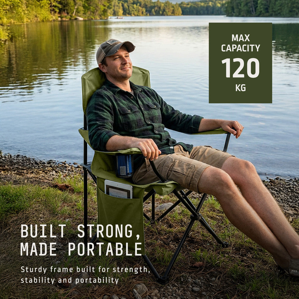 Green folding camping chairs with side storage pocket – holds phone, book or magazine for outdoor comfort