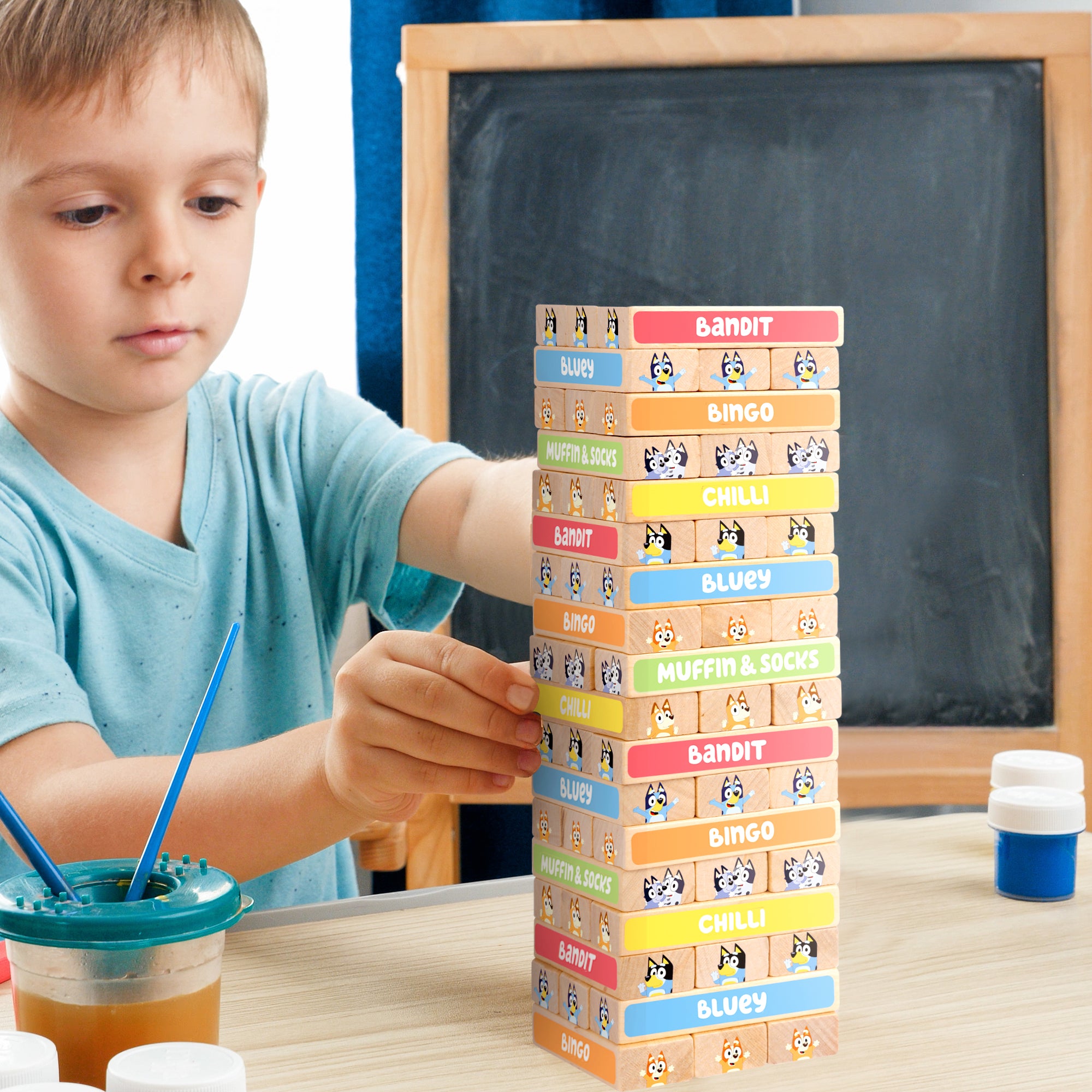 Bluey Tumbling Tower Game - 54 Colourful FSC-Certified Wooden Blocks, Hand-Eye Coordination & Motor Skills Family Game, Eco-Friendly Fun for Kids Aged 3+, Durable & Non-Toxic