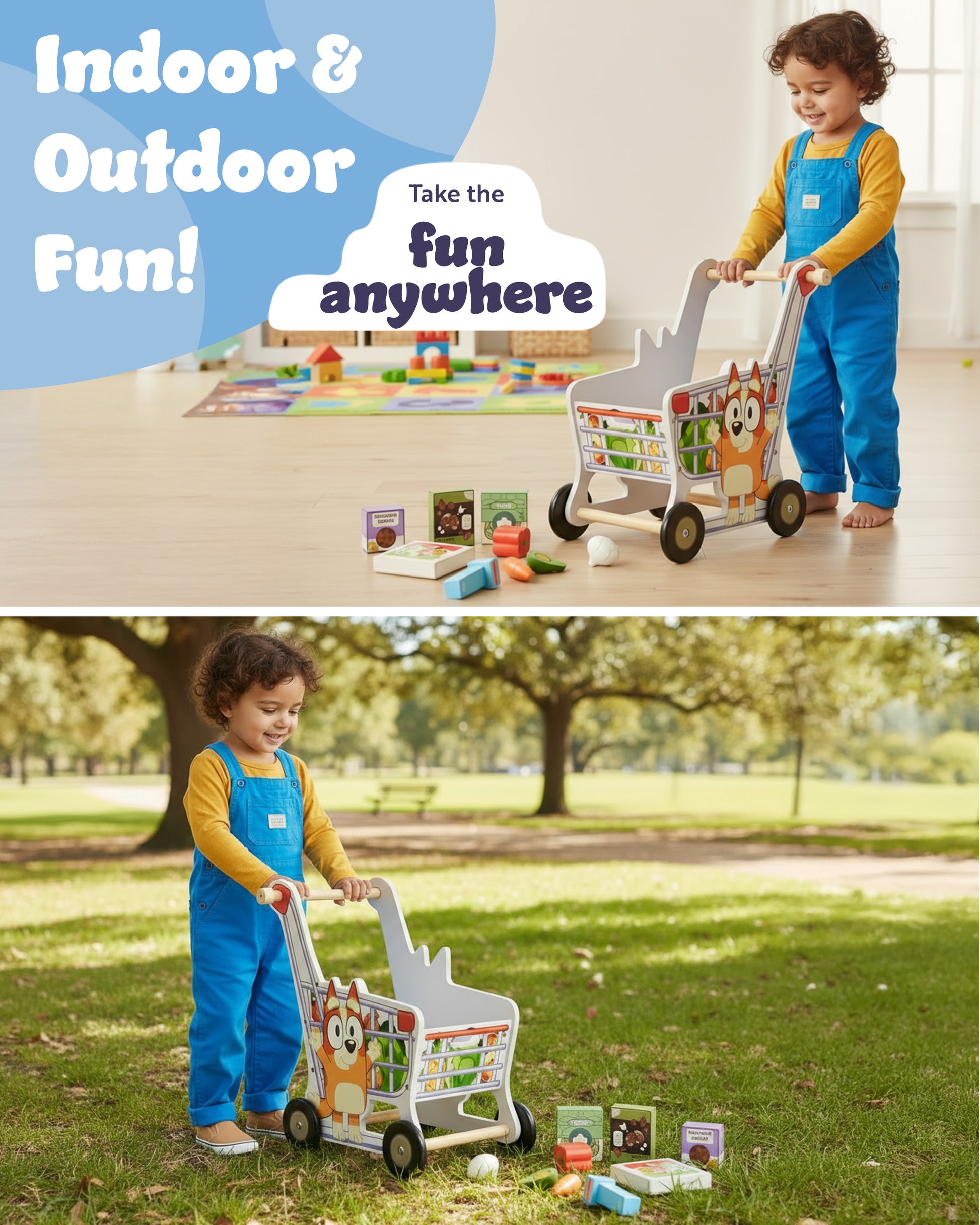Bluey toddler shopping cart – rotating handle folds down for easy storage