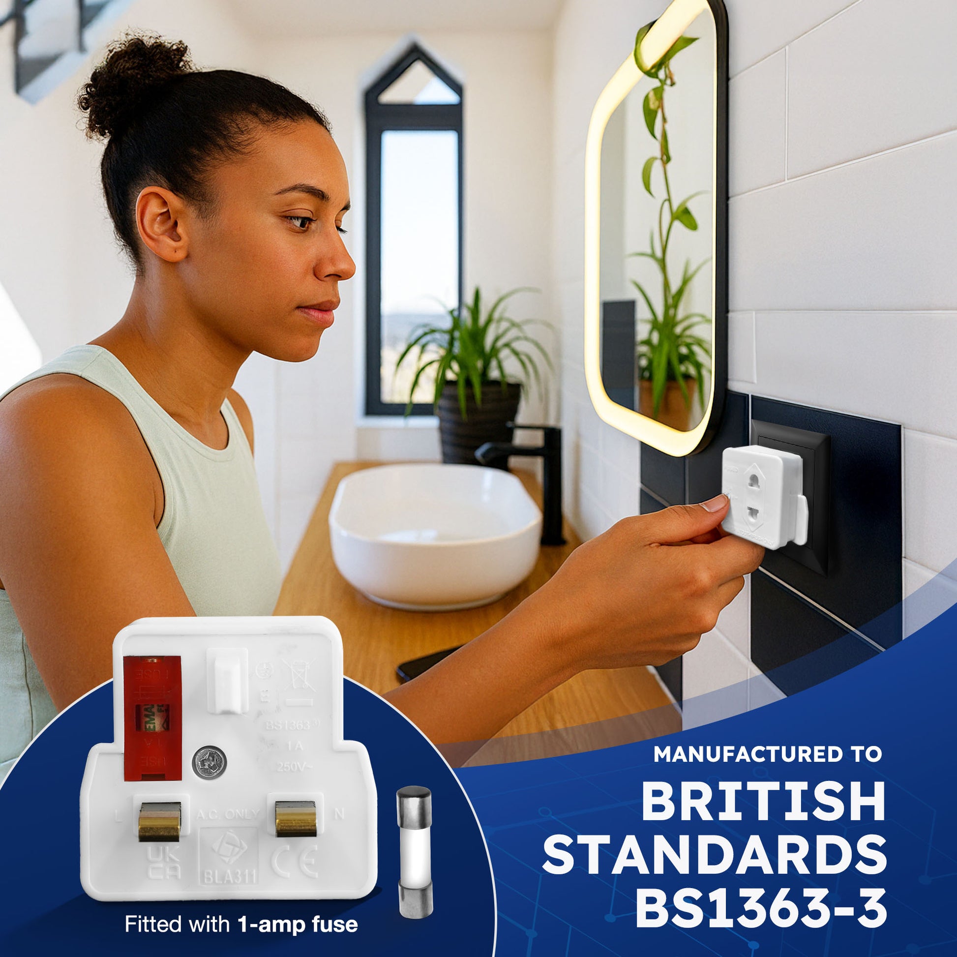 Desiretech - UK Shaver Adaptor Plug - Fused 1A 250V 2-Pin to 3-Pin Converter - CE Certified Plug for Electric Shaver & Toothbrush - Compact, Heat-Resistant, Safe UK Bathroom Socket Adaptor - White – image 6
