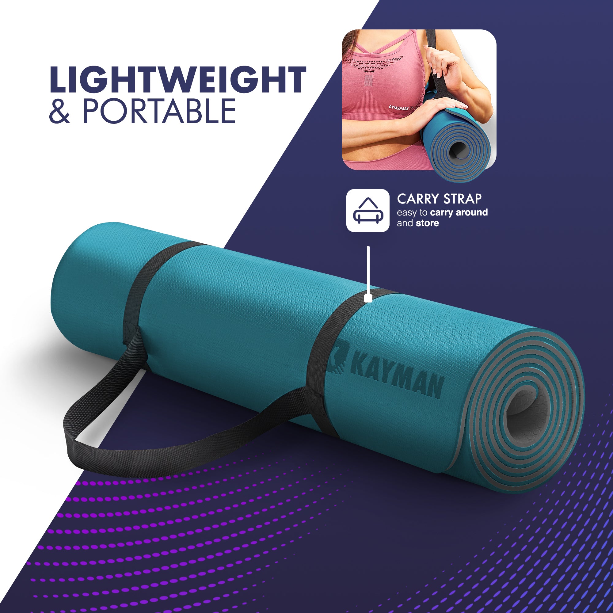 KAYMAN Yoga & Exercise Mat with Carry Strap, Large Non-Slip Comfortable Training & Workout Floor Mat for Home or Outdoor, Gym, Pilates, Gymnastics, HiiT, Stretching & Meditation