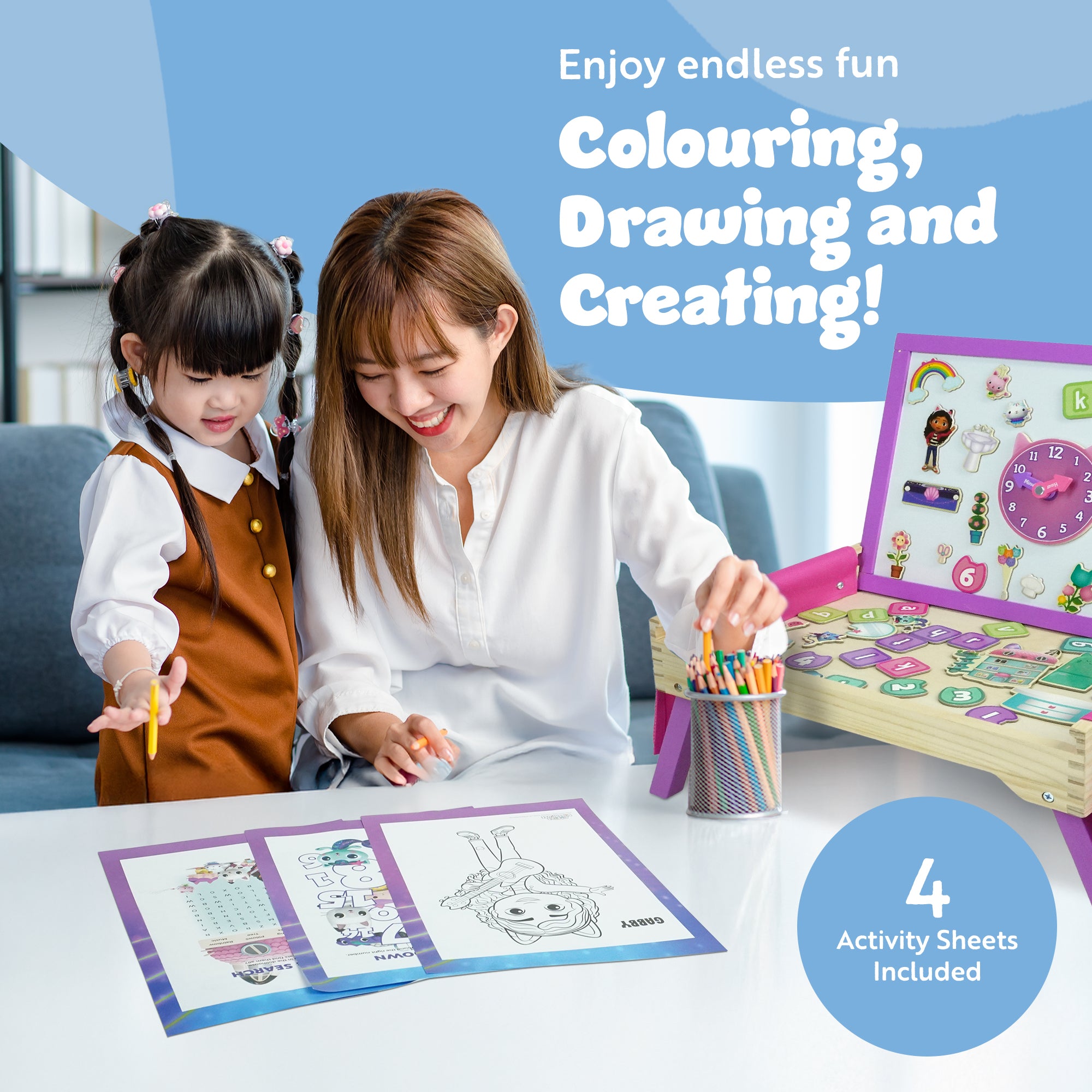 Gabby’s Dollhouse – 2-in-1 Creation Station & Lap Desk – Magnetic Whiteboard & Activity Set – Includes Erasable Marker, Magnets & Activity Sheets – Kids' Art & Learning Desk for Creative Play