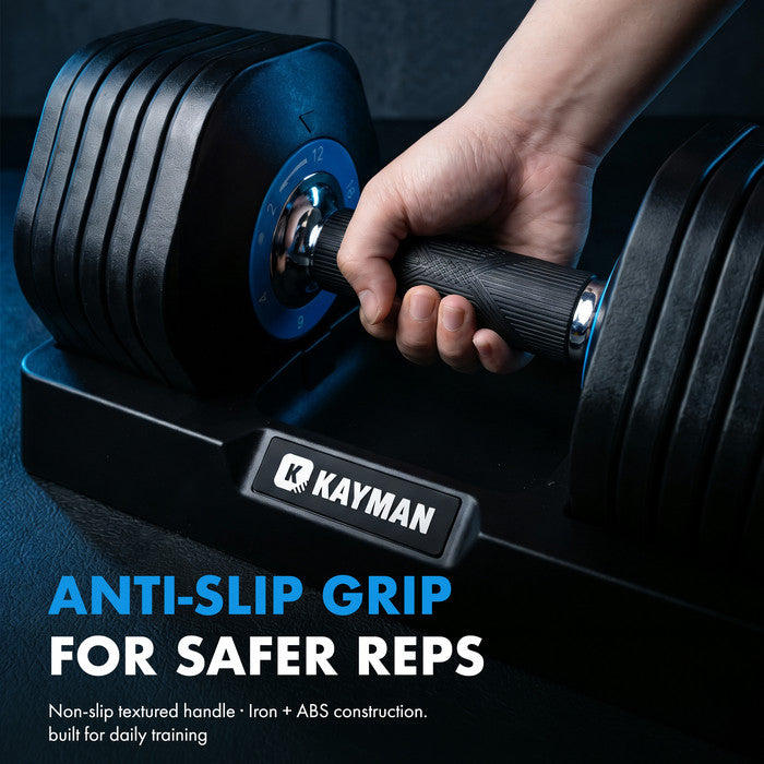 Kayman 24kg Adjustable Dumbbell Set (2x12kg Pair) — 12-in-1 Quick-Dial System with Safety Lock, 6 Weight Levels: 2/4/6/8/10/12kg per Dumbbell, Home Gym Strength Training