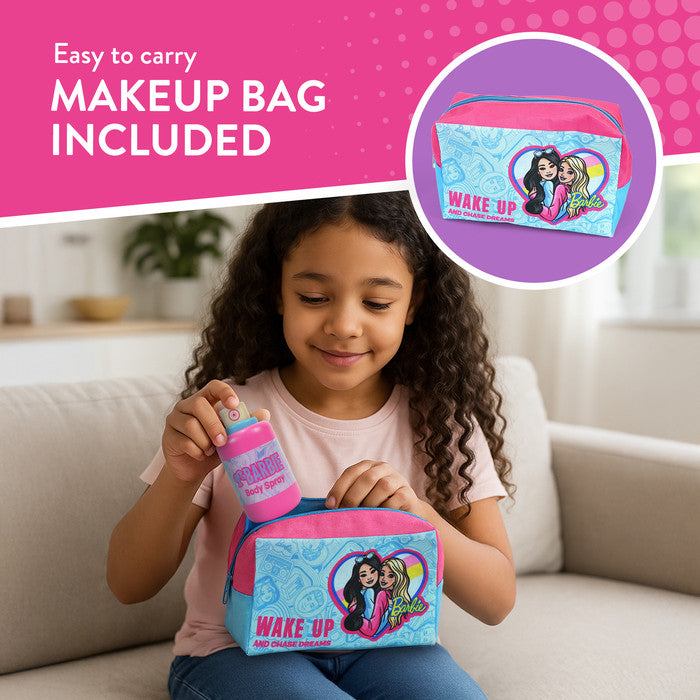 Barbie pink wooden makeup set with printed toiletry bag for kids