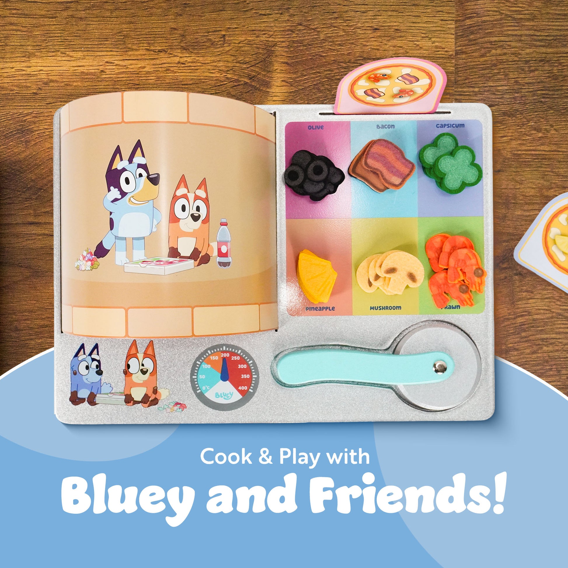 Bluey Pizza Girls Set – 35-Piece Pretend Play Food Set, Wooden Pizza Playset with Oven, Pizza Slices, Box, Cutter, Paddle, Order Cards, and Toppings, Pizza Girls Toy Set