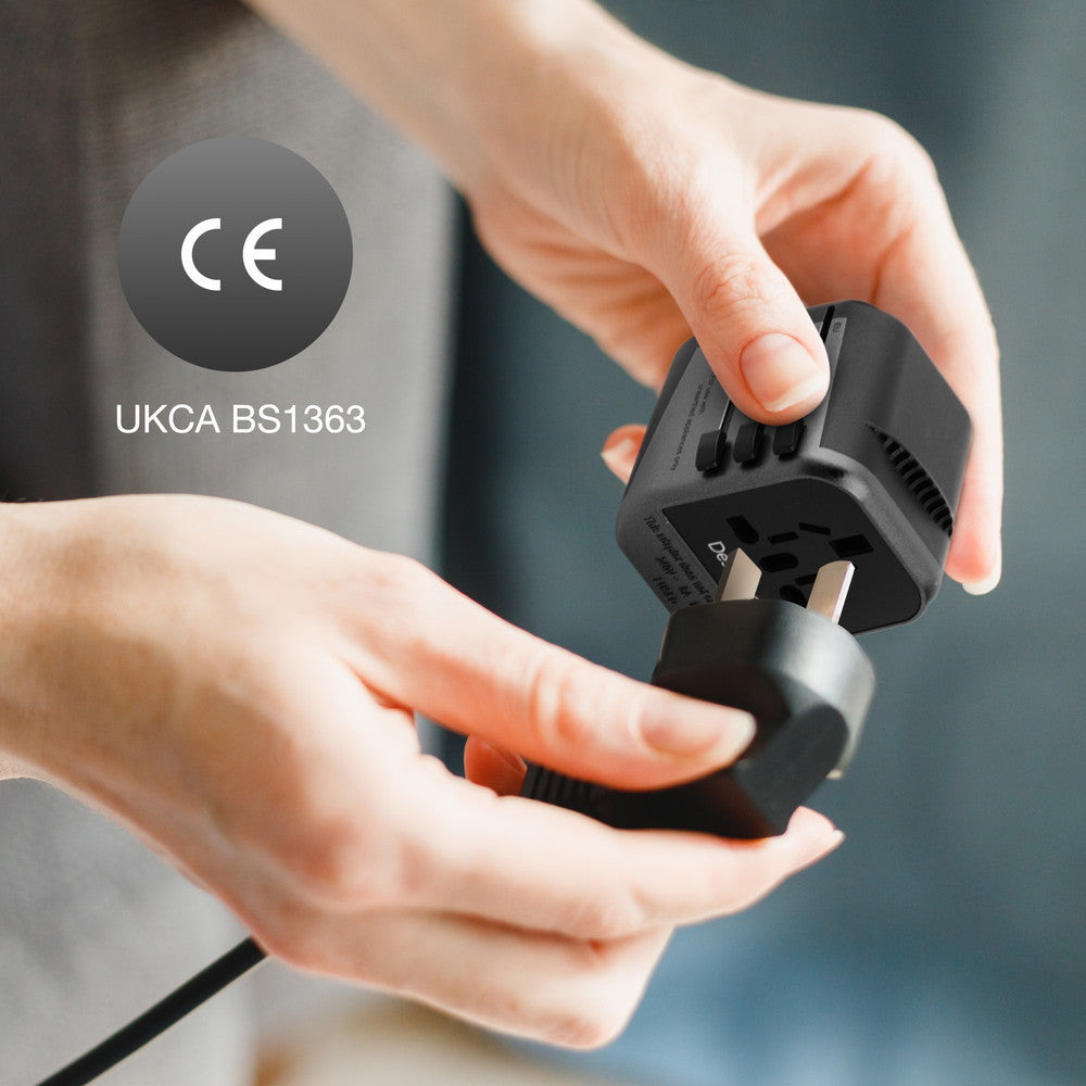 Desiretech Travel Adaptor 4-in-1 Universal Plug Adapter with USB-A, USB-C, Phone Docking - Compact UK to World Adaptor, Double Fuse Protection - Perfect for Europe, USA, Asia & Beyond