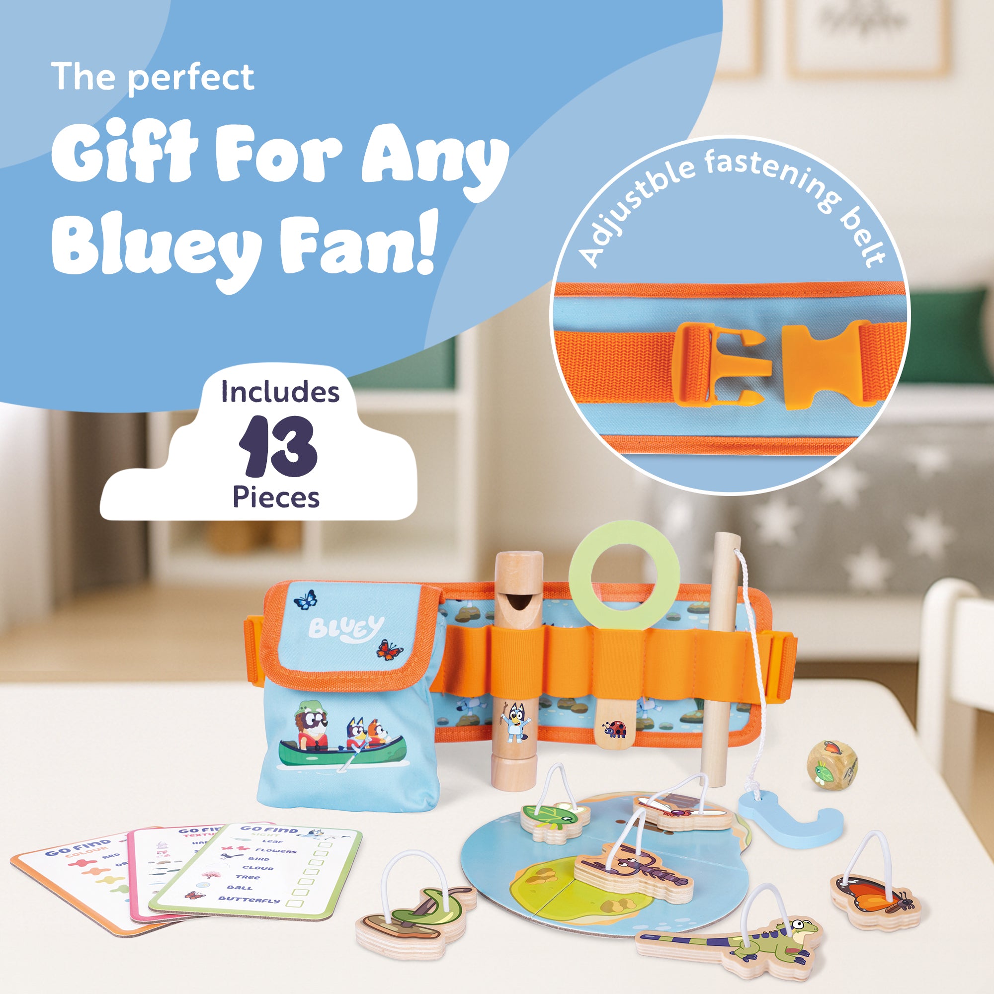 Bluey Adventure Belt – 17 Piece Explorer Set with Magnifying Glass, Compass, Whistle, Go Find Cards & Accessories – Outdoor & Indoor Pretend Play Toy for Kids – Nature Exploration Kit