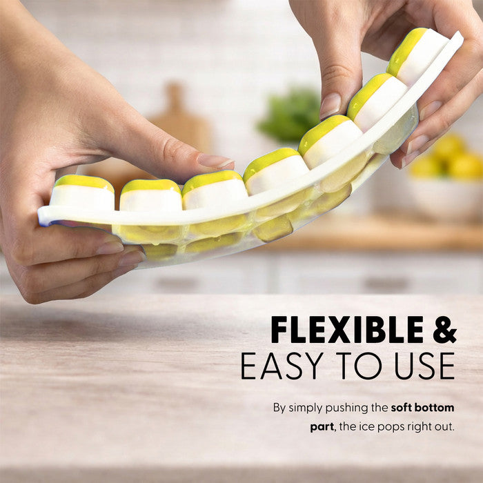 Hands bending flexible yellow Keplin silicone ice cube tray to release ice cubes, easy-release soft bottom push-out design